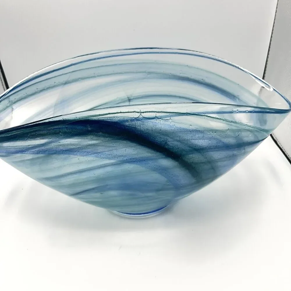 14"x7" Oval Blue Folded Satin Glass Bowl Lines Swirls - Picture 10 of 16
